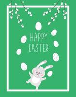 påsk vertikal gratulationskort mall med söta ägg, kanin och pil grenar. vår semester affisch eller inbjudan för barn. grön ram eller kantillustration med traditionella symboler. vektor