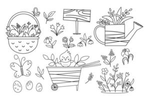 Vektor süßer Schwarz-Weiß-Garten und Ostersymbole Pack. Schubkarre, Gießkanne, Eier, erste Blumen und Pflanzen zum Ausmalen. skizzieren sie frühlingsgartenwerkzeugillustration für kinder.