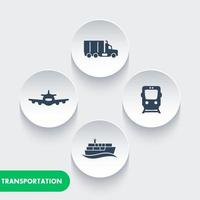 Ikonen der Transportindustrie, Frachtzugvektor, Lufttransport, Frachtschiff, Seetransport, Lastwagenikone, Transport vektor