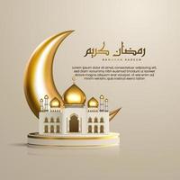 realistiska islamiska ramadanhälsningar med arabisk kalligrafi, gyllene halvmåne och moské på produktpodiet vektor