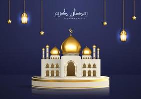 realistische islamische illustration mit arabischer kalligrafie und goldener moschee auf dem produktpodium. ramadan kareem gruß mit hängenden laternen und sternen vektor