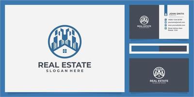 modernes Immobiliengebäude-Logo-Designkonzept mit Visitenkartendesign. Gebäudesymbol, Immobilienlogo vektor