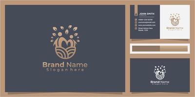 Creative Line Art Land und zwei Personen mit Blattnatur-Logo-Designkonzept mit Visitenkarte vektor