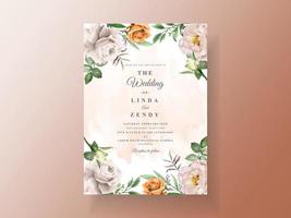 vackert bröllopsinbjudningskort med elegant blomma och löv akvarell vektor