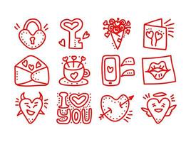 satz von handgezeichneten valentinstag-doodle-vektorsymbolen. valentinstag liebesherzen, becher, blumen, handy, lippen, briefe, engel, schloss, dämon, nachrichtensymbole