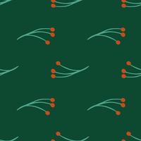 abstrakt botaniska doodle seamless mönster med röda bär grenar silhuetter. mörkgrön bakgrund. vektor
