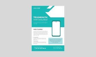 Telemedizin-Flyer-Vorlage, Telemedizin-Flyer-Designvorlage, Bereitstellung von Ferngesundheitsdiensten. flyer, broschüre, broschürendruck, cover-design mit linearen symbolen. Vektor