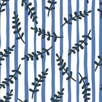 scrapbook tropiska grenar element seamless mönster i doodle stil. blå och vit randig bakgrund. vektor