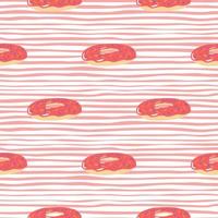 einfaches, nahtloses, stilisiertes süßes Muster mit Doodle-Donuts-Silhouetten. rosafarbenes helles Lebensmittelornament auf abgestreiftem Hintergrund. vektor