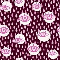 seamless mönster med ögon och droppar. lila konturerade ögon, vita cirklar och rosa toner droppar på rödbrun bakgrund. vektor