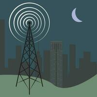 radiotorn som sänder till en sömnig stad på natten vektor