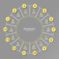 gelbe und graue farben für kreisinfografik mit dünnen liniensymbolen. 14 Optionen oder Schritte für Infografiken. vektor