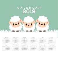 Kalender 2019 med söt fårtecknad. vektor