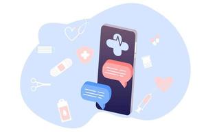 flache illustration der online-gesundheit telemedizin. Medizinische Online-Gesundheitsberatung und -behandlung über die Anwendung einer computerverbundenen Internetklinik. online fragen arzt konsultationstechnologie. vektor