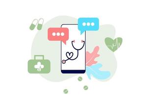 flache illustration der online-gesundheit telemedizin. Medizinische Online-Gesundheitsberatung und -behandlung über eine Mobiltelefonanwendung einer computerverbundenen Internetklinik. online fragen arzt konsultation. vektor