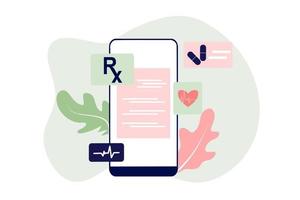 digitales Online-Dokument für ärztliche Verschreibungen oder Online-Testergebnisse auf dem Bildschirm des mobilen Computers. Konzept der Apotheke Drogerie, Diagnose, Krankenhaus, Gesundheitswesen. flache Vektorillustration. vektor