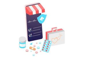 Online-Apotheken-App-Konzept für Gesundheitswesen, Drogerie und E-Commerce. vektorillustration von verschreibungspflichtigen medikamenten, erste-hilfe-kits und medizinischen artikeln, die online über web- oder computertechnologie verkauft werden. vektor