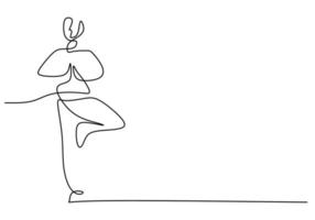 eine durchgehende einzelne Linie von Frau, die Yoga auf weißem Hintergrund steht. vektor