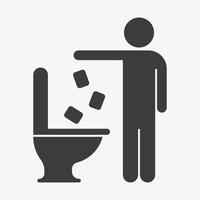 Vektorsymbol, das Toilettenpapier in die Toilette wirft. Müll ins Toilettenpiktogramm. Verunreinigung im Toilettenvektorsymbol lokalisiert auf weißem Hintergrund. vektor