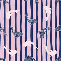 Nahtloses Doodle-Muster mit kleinen Walhai-Silhouetten. rosa und marineblauer gestreifter hintergrund. vektor