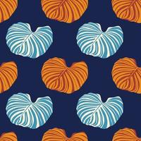 orange und blau gefärbte monstera tropische blätter nahtloses muster. Marineblauer dunkler Hintergrund. vektor