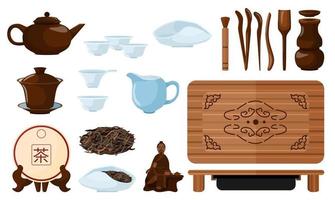 ställa in kinesisk teceremoni på vit bakgrund. kit vattenkokare, koppar, puerh, scoop, gaiwan, chahai, chaban, chaju, nål, sil, cha dao, tång, tratt, vas, borste i stil platt vektor