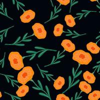 vintage natur nahtloses muster mit leuchtend orangefarbenen blumenschattenbildern. schwarzer Hintergrund. vektor