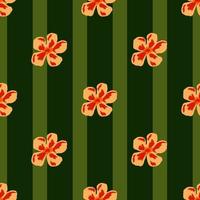 abstrakte Flora nahtloses Muster mit orangefarbenen Blütenknospenelementen. grün gestreifter Hintergrund. vektor