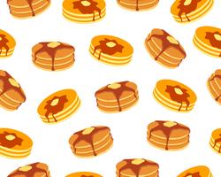 Seamless mönster av pannkakor med smör och lönnsirap söt på vit bakgrund vektor