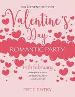 romantiska alla hjärtans dag party inviterar affisch. evenemang flygblad mall med röda hjärtan för helgon Alla hjärtans dag firande den 14 februari. vektor illustration i platt stil.