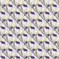 lila lilla iris blommor utsmyckade sömlösa mönster i handritad stil. ljusrosa bakgrund. vektor