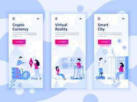 Set med inbyggda skärmar användargränssnitt för Cryptocurrency, Smart City, Virtual Reality, mobil app templates koncept. Modern UX, UI-skärm för mobil eller mottaglig webbplats. Vektor illustration.