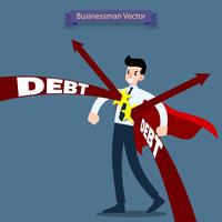 Geschäftsmannheld, der eine rote Kapstellung trägt und von den Pfeilschulden robust bleibt, die ihn angreifen. vektor