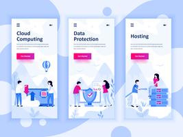 Set med inbyggda skärmar användargränssnitt för Cloud Computing, Protection, Hosting, mobil app mallar koncept. Modern UX, UI-skärm för mobil eller mottaglig webbplats. Vektor illustration.