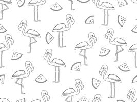 Nahtloses Muster des Flamingos mit Scheibenwassermelonen-Gekritzelart auf weißem Hintergrund - Vector Illustration