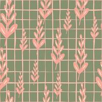Zufälliges nahtloses Muster mit rosafarbenen Zweigelementen. grau karierter Hintergrund. abstrakte Kunstwerke. vektor