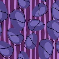 Zufälliges nahtloses Muster mit marineblauen abstrakten Pflaumen konturierten Silhouetten. lila gestreifter hintergrund. vektor