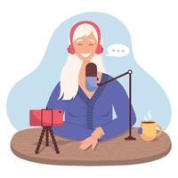 Podcast-Konzept. glückliche frau mit kopfhörern am tisch, die eine audiosendung aufzeichnet. Online-Show. vektor