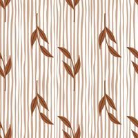 doodle brun scandi löv grenar silhuetter seamless mönster. randig rosa och vit bakgrund. vektor