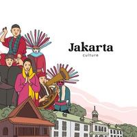 stellen sie jakarta-illustration ein. hand gezeichneter hintergrund der indonesischen kulturen vektor