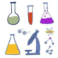 Stellen Sie chemische Laborgeräte auf weißem Hintergrund ein. abstraktes medizinisches Atom, Mikroskop, Glas, Kolben, Reagenzglas mit Reagenzien im Doodle-Stil. vektor