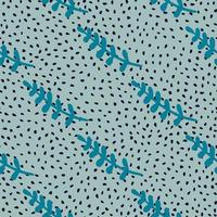 exotische Gekritzelzweigblätter verzieren nahtloses Muster in den Blautönen. Pastellhintergrund mit Punkten. vektor