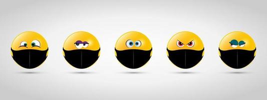 ställ in emoji med svart munmask. gul emoji-ikon på grå mall. vektor illustration