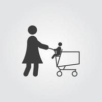 mamma med baby med kundvagn ikonen. butiksvagn med sittande barn och kvinna. vektor