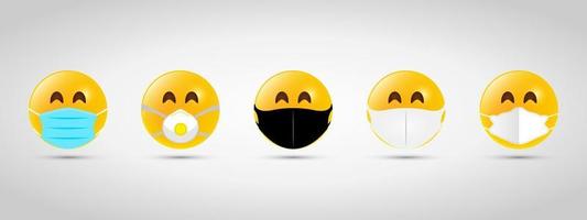 set emoji mit schwarz-weißer mundmaske. gelbes Emoji-Symbol auf grauer Vorlage. Vektor-Illustration vektor