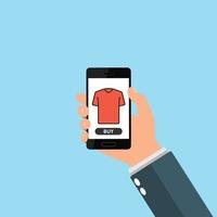 online shopping koncept. hand som håller smartphone. köp knappen. kläder onlinebutik. t-shirt ikon. vektor