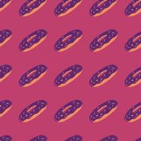 köstliches nahtloses muster mit lila gefärbten donuts-elementen. rosa Hintergrund. leckere Essenskulisse. vektor