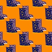 ljusa doodle seamless mönster med stövlar silhuetter. lila skor prydnad med prickar på orange bakgrund. vektor