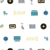 disco boll, mikrofon, rullar, kassett, bandspelare, vinyl, rekord doodle sömlösa isolerade mönster. färgglad ljus prydnad i blå och gula färger. vektor