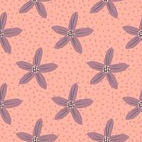 tropisches nahtloses muster mit floraler lila blumen-mandarinenverzierung. rosa gepunkteter Hintergrund. vektor